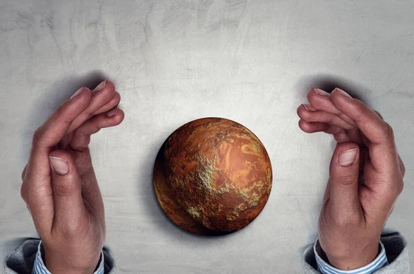 Hands holding planet . Mixed media — Stock Photo, Image