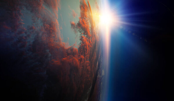 Earth in blue space with sunrise light