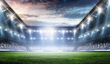Seyirci ve spot ışıklarıyla futbol stadyumu arka planı
