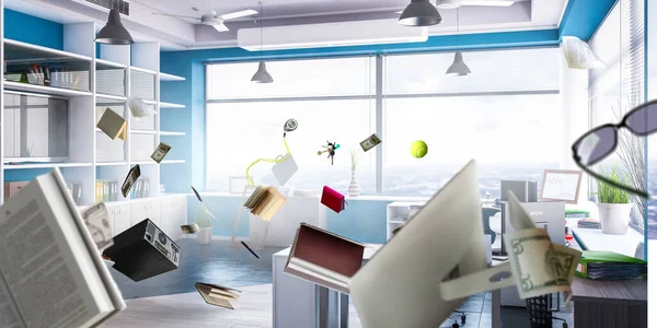 Office workplace with flying objects — Stock Photo, Image