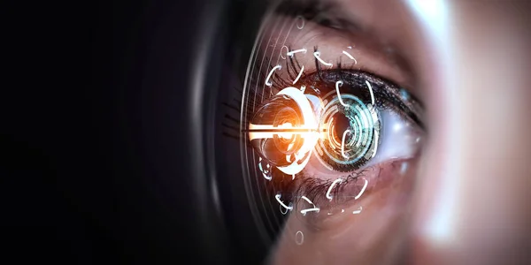 Primer plano del ojo de la mujer en proceso de escaneo. Medios mixtos — Foto de Stock