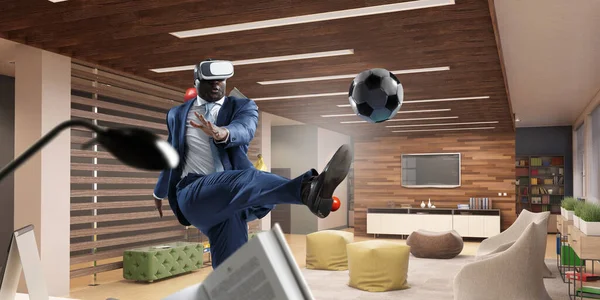 Hombre Negro y Realidad Virtual Partido de Fútbol —  Fotos de Stock