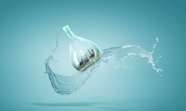 Paisagem industrial com chaminés dentro de garrafa de vidro — Fotografia de Stock