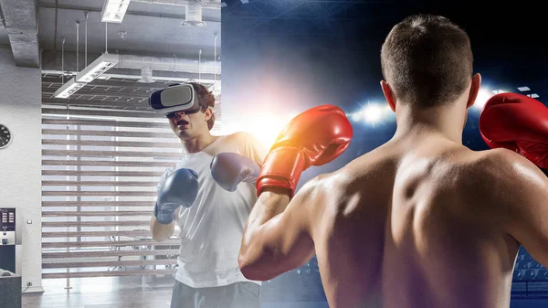 Young man boxing. . Mixed media — Stock Photo, Image