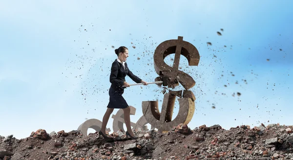 Businesswoman crashing stone dollar — Stock Photo, Image