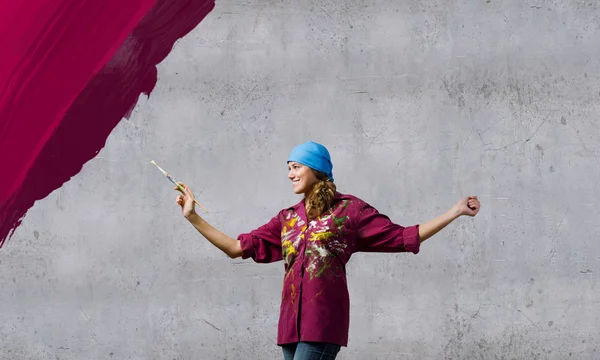 Girl painter with brush — Stock Photo, Image