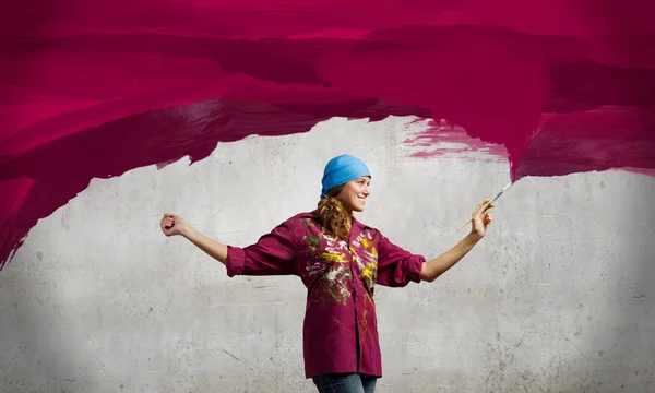 Girl painter with brush — Stock Photo, Image