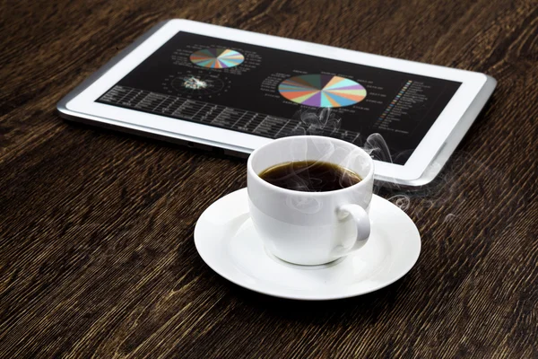 Tablet pc, cup of coffee and notepad — Stock Photo, Image