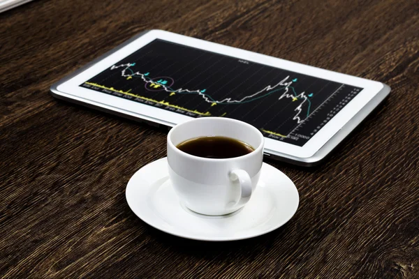 Tablet pc, cup of coffee and notepad — Stock Photo, Image