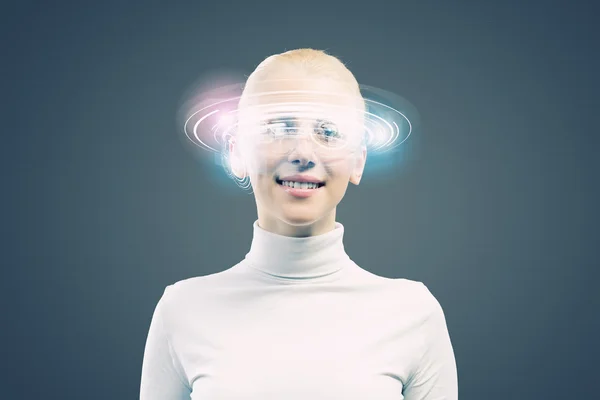 Femeie cu hologramă rotundă cap — Fotografie, imagine de stoc