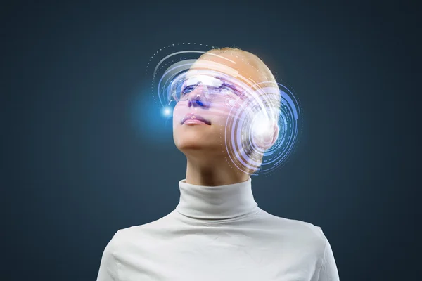 Woman with hologram round head — Stock Photo, Image