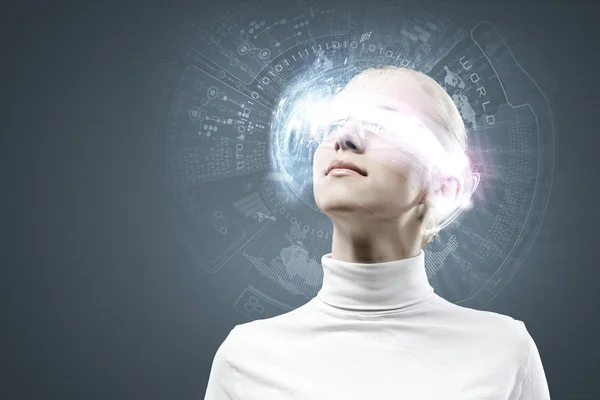 Woman with hologram round head — Stock Photo, Image