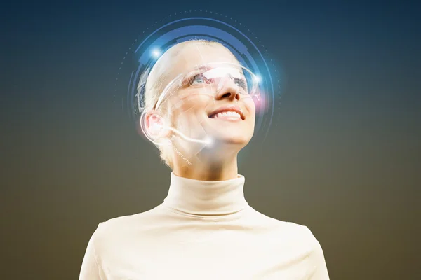 Woman with hologram round head — Stock Photo, Image