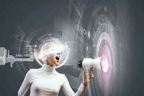 Woman with hologram round head — Stock Photo, Image