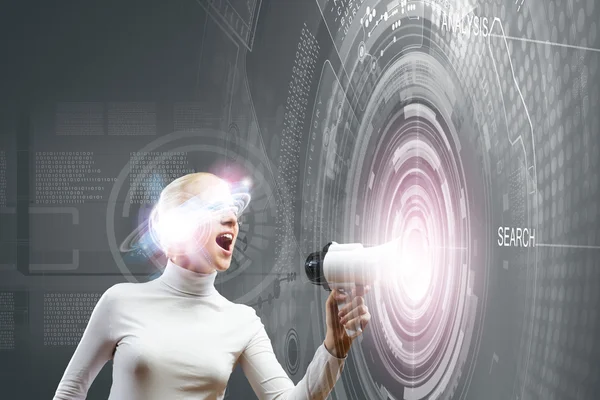 Woman with hologram round head — Stock Photo, Image