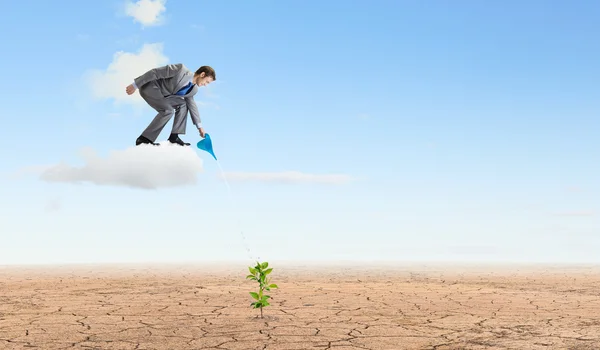 Geschäftsmann steht auf Wolke sieben und gießt Sprosse — Stockfoto