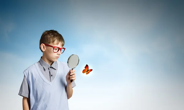 Skolan pojke undersökande fjäril — Stockfoto