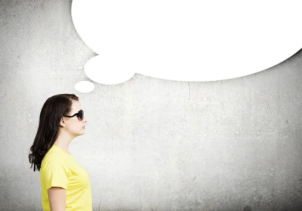 Woman with blank speech bubble — Stock Photo, Image