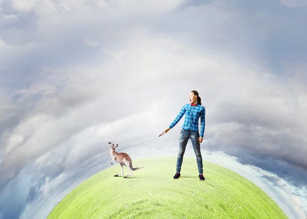 Woman holding kangaroo on lead — Stock Photo, Image