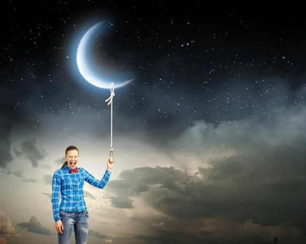 Woman holding moon on lace — Stock Photo, Image