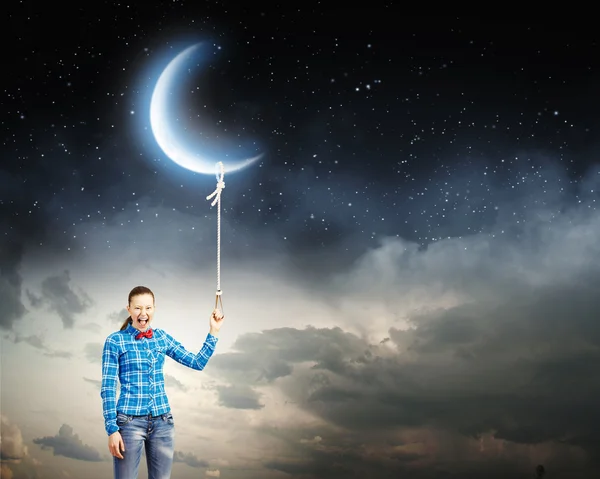 Woman holding moon on lace — Stock Photo, Image