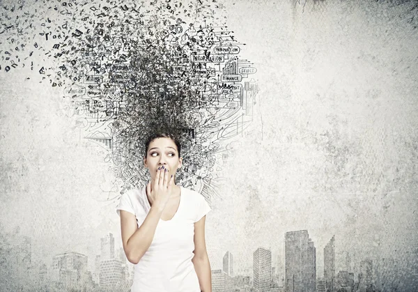 Woman closing mouth with palm — Stock Photo, Image