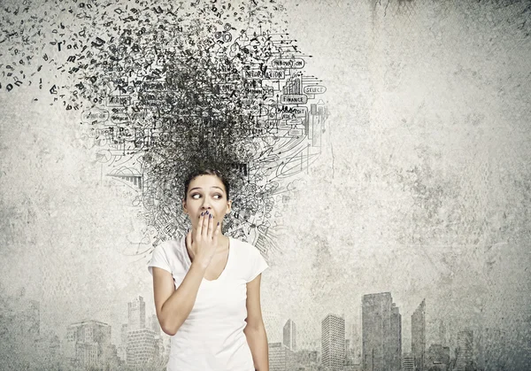 Woman closing mouth with palm — Stock Photo, Image