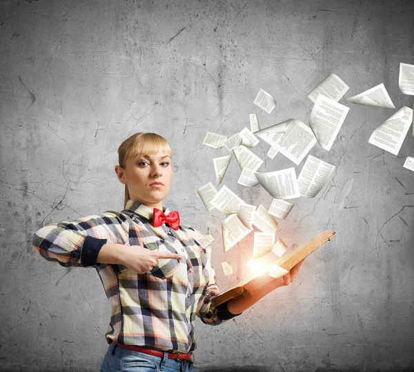 Woman holding opened book — Stock Photo, Image