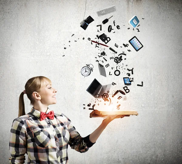 Woman holding opened book — Stock Photo, Image