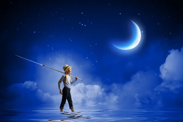 Girl with fishing rod — Stock Photo, Image