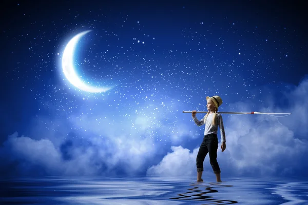 Girl with fishing rod — Stock Photo, Image