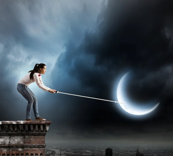 Woman with moon — Stock Photo, Image