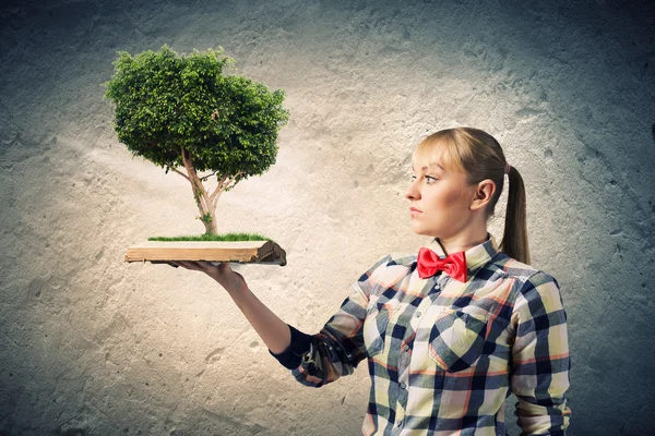 Женщина держит книгу с деревом — стоковое фото