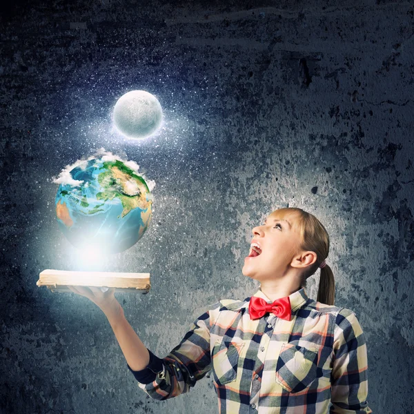 Woman holding opened book — Stock Photo, Image