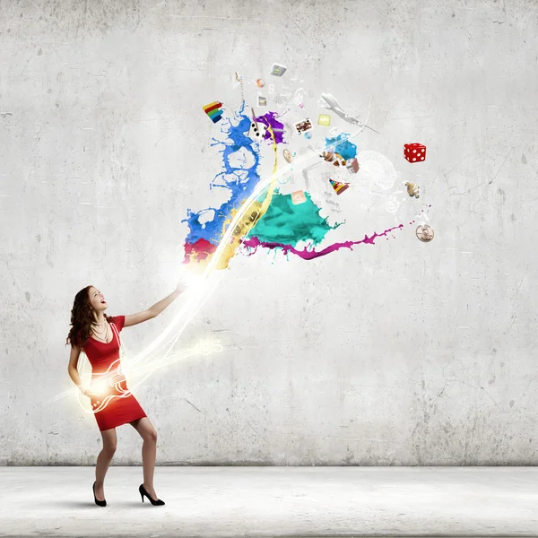 Woman imitating playing guitar — Stock Photo, Image