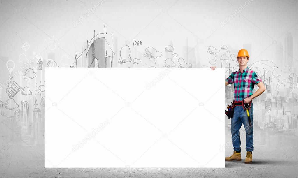 Tradesman with banner