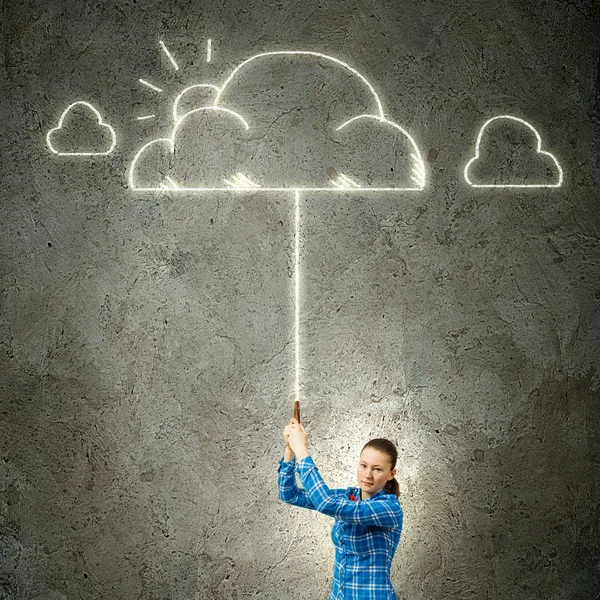 Woman holding cloud on lead — Stock Photo, Image