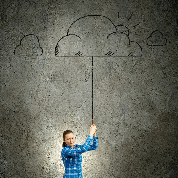 Frau hält Wolke an Blei — Stockfoto