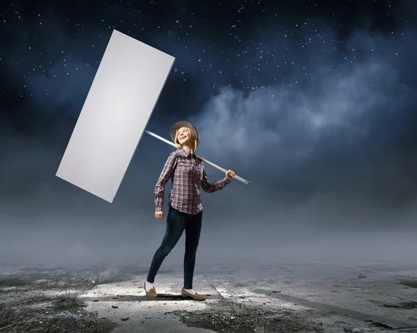 Vrouw met banner — Stockfoto