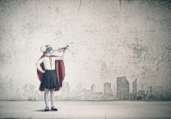 Superkid with trumpet — Stock Photo, Image