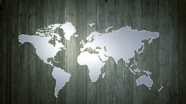 Conceptual image with world map on wooden wall