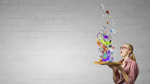 Girl excited with book — Stock Photo, Image