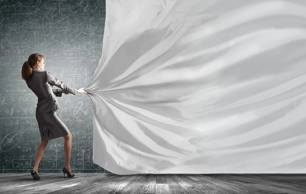 Woman pull curtain — Stock Photo, Image