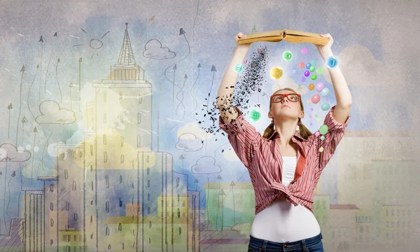 Girl excited with book — Stock Photo, Image