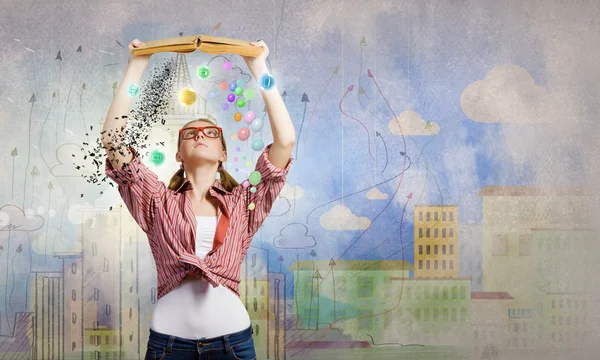 Girl excited with book — Stock Photo, Image