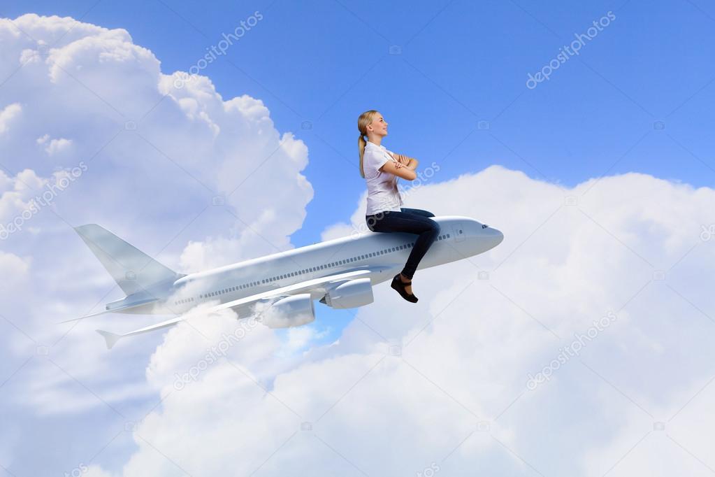 Woman ride airplane