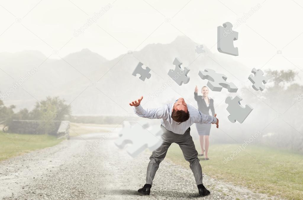 Man evading flying puzzle 