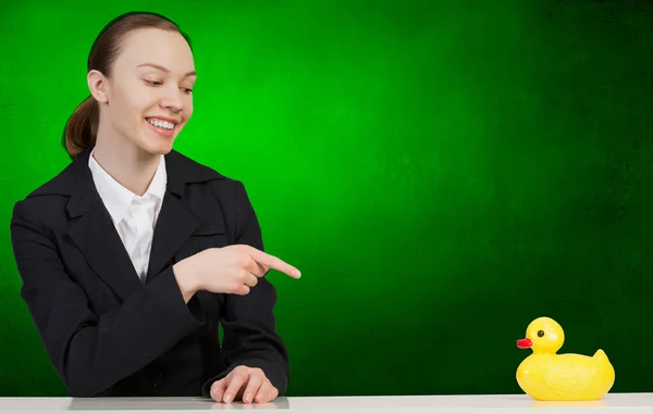 Woman with duck toy — Stock Photo, Image