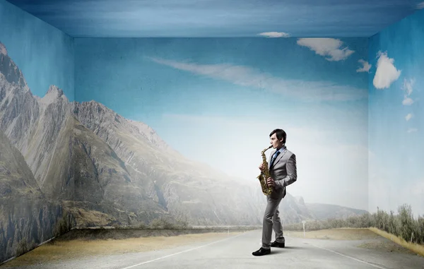 Pohledný saxofonista. Koncepce obrázek — Stock fotografie