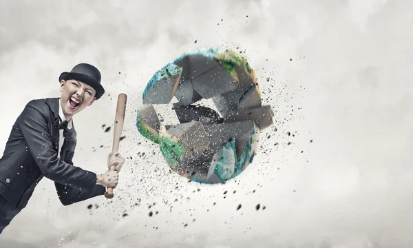 Woman crash Earth planet — Stock Photo, Image